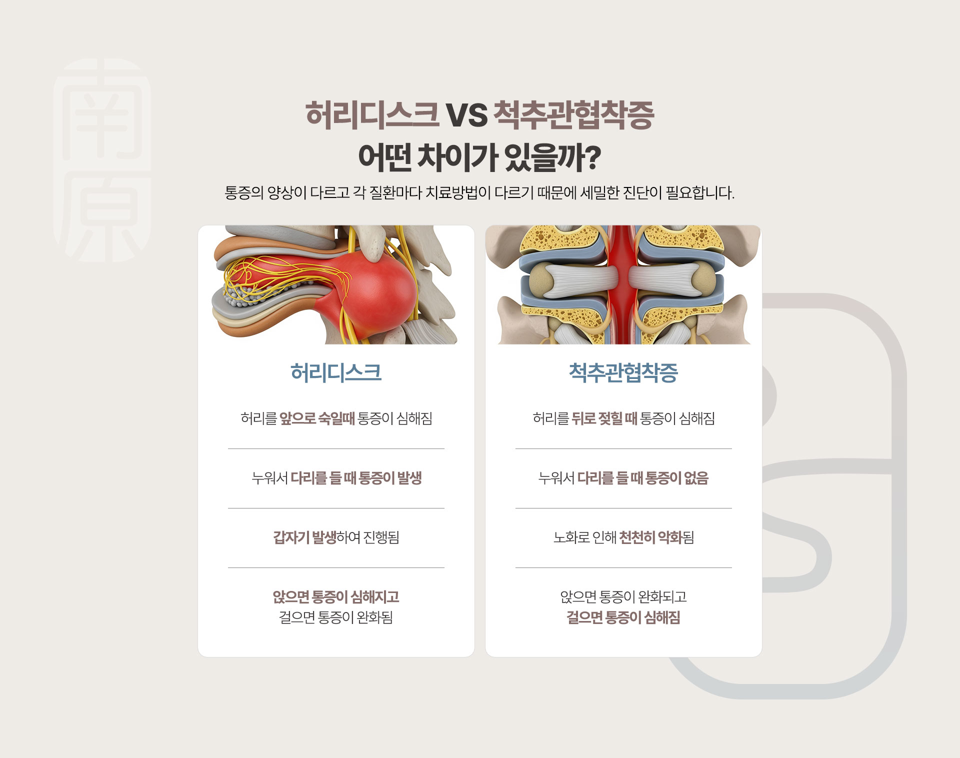 허리디스크와 척추관협착증은 통증의 양상이 다르고 각 질환마다 치료방법이 다르기 때문에 세밀한 진단이 필요합니다.
