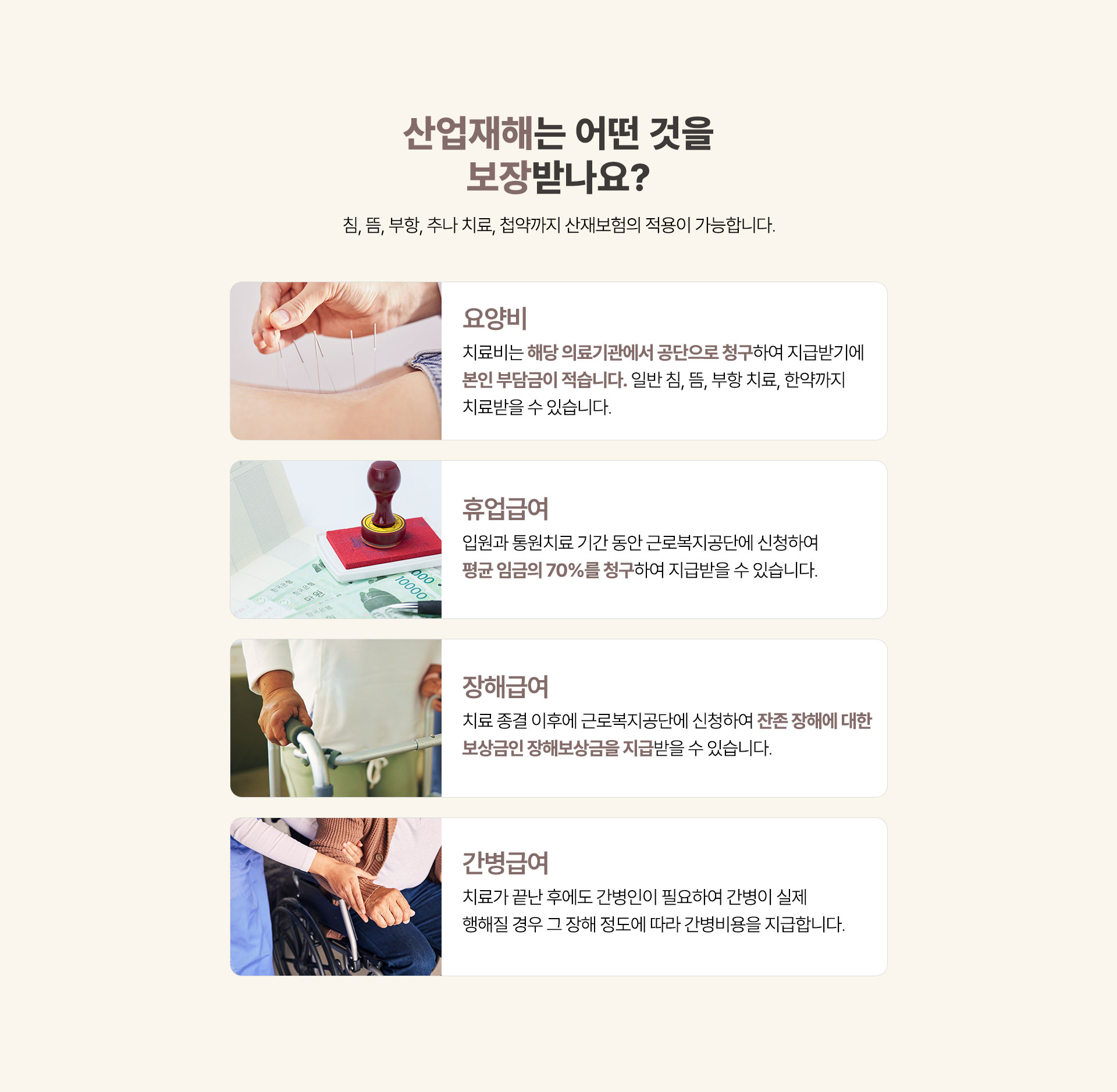 산업재해 보장 범위, 요양비, 휴업급여, 장해급여, 간병급여