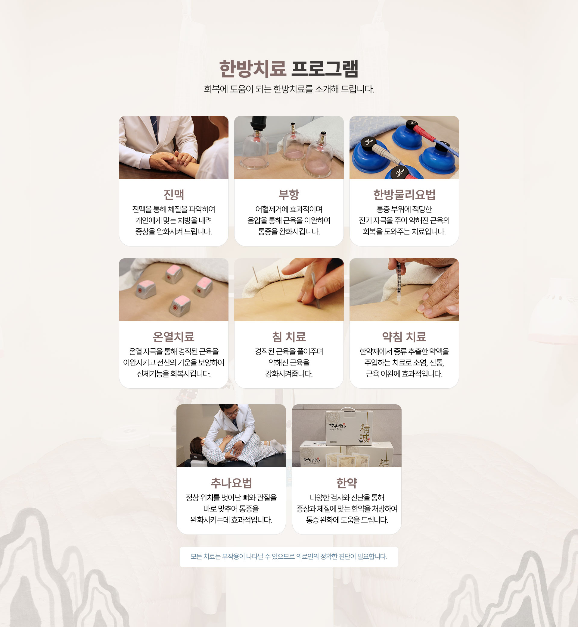 한방치료 프로그램 운영, 진맥, 부항, 한방물리요법, 온열치료, 침 치료, 약침 치료, 추나요법, 한약
